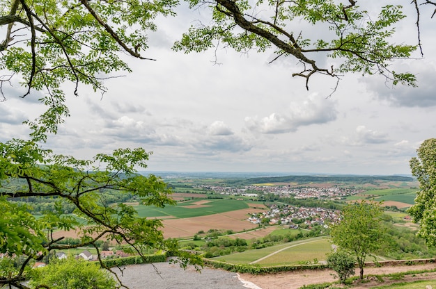 Aerial shot of a small town surrounded with amazing nature on tree branches foreground