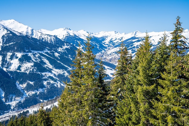 Aerial shot of a snowboarding resort in the snow under the sunlight