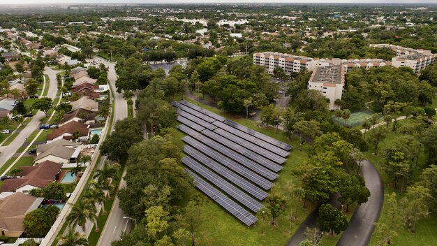 Aerial shot of solar panels in a cascade in the field in Florida