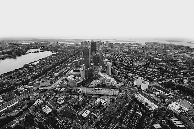 Aerial shot of an urban city in black and white