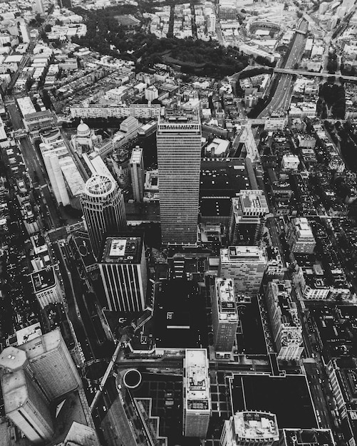 Aerial shot of an urban city in black and white