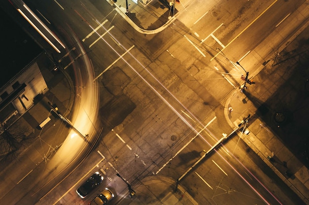 Aerial shot of urban city highway at night