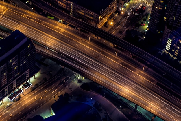 Aerial shot of urban city highway at night