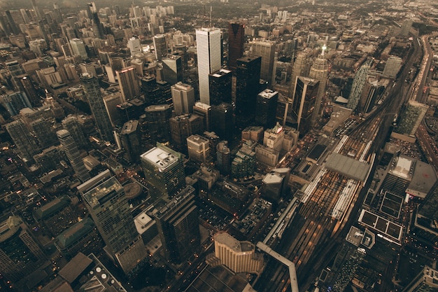 Aerial shot of an urban city at sunrise