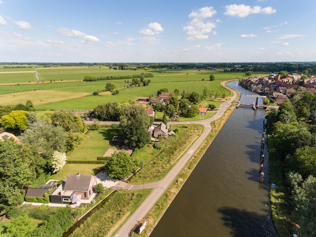 Aerial shot of the Zederik canal near the Arkel village located in the Netherlands