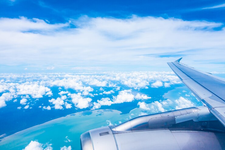 無料Photo 青い空と飛行機の翼の空撮
