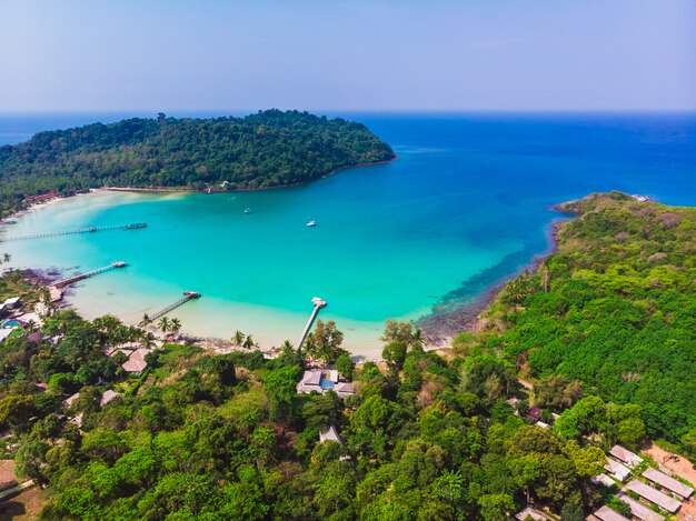 Aerial view of beautiful beach and sea with coconut palm tree