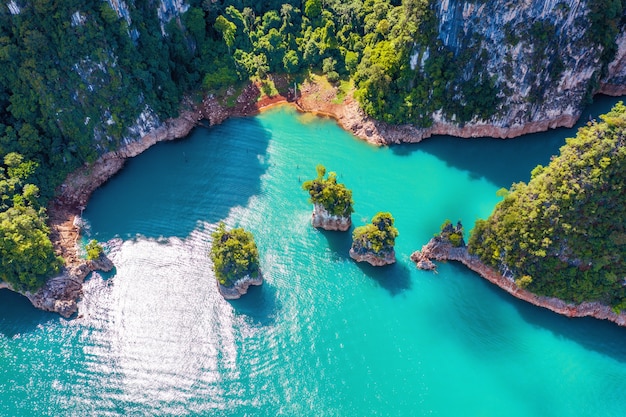 Aerial view of Beautiful mountains in Ratchaprapha Dam at Khao Sok National Park, Surat Thani Province, Thailand.