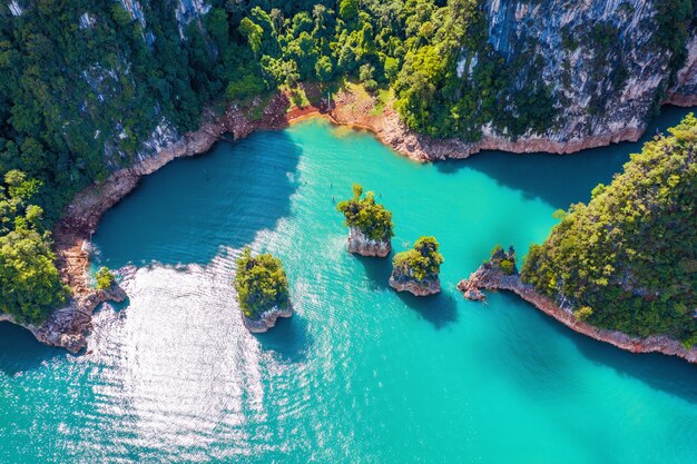 Aerial view of Beautiful mountains in Ratchaprapha Dam at Khao Sok National Park, Surat Thani Province, Thailand.