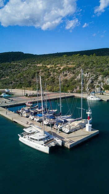 Aerial view of boats in the harbor in Greece