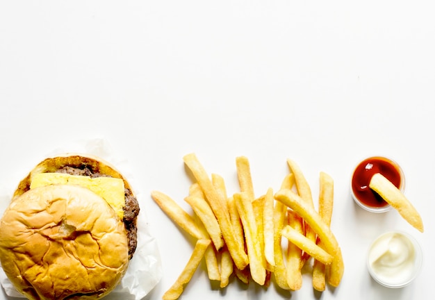 Free photo aerial view of burger and fries fast food