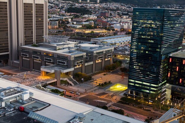 Aerial view of business district at night