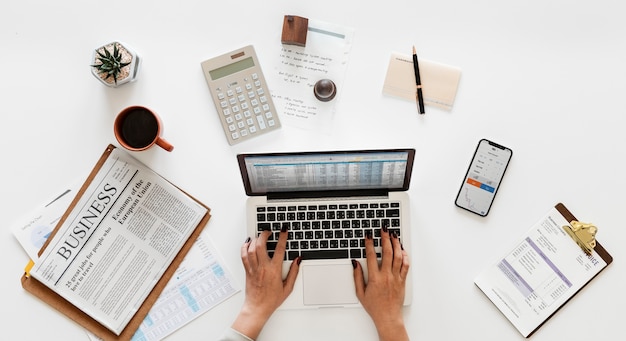 Free Photo aerial view of businessman using computer laptop