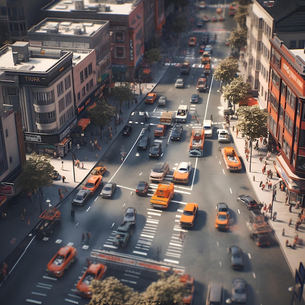 Vista aerea di una strada trafficata della città con auto e pedoni