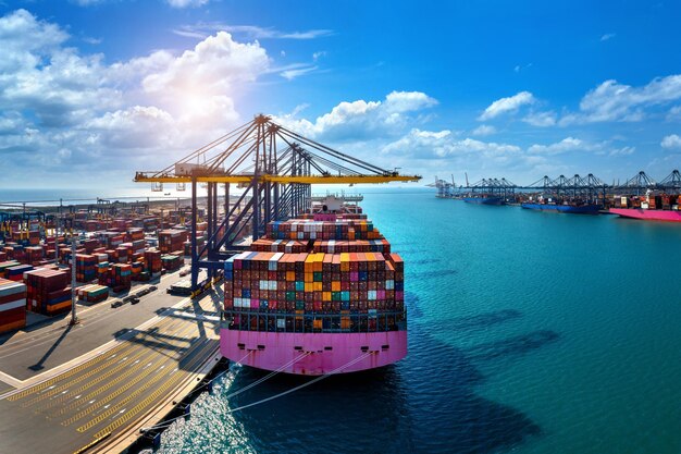 Aerial view of cargo ship and cargo container in harbor