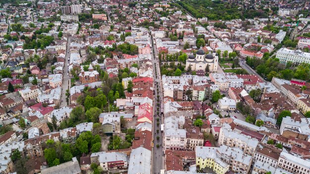 Aerial view of Chernivtsi city historical center from above Western Ukraine.