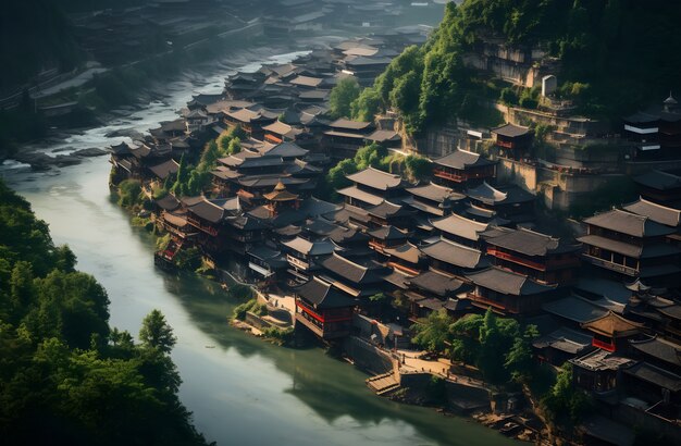 Aerial view on city by water