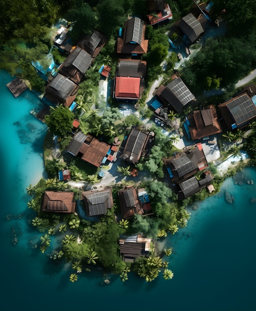 Вид с воздуха на город у воды