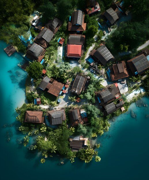 Aerial view on city by water