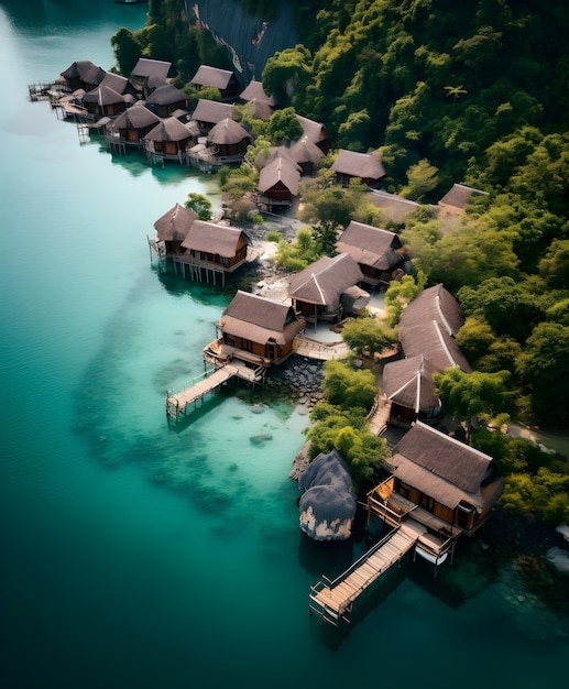 Aerial view on city by water