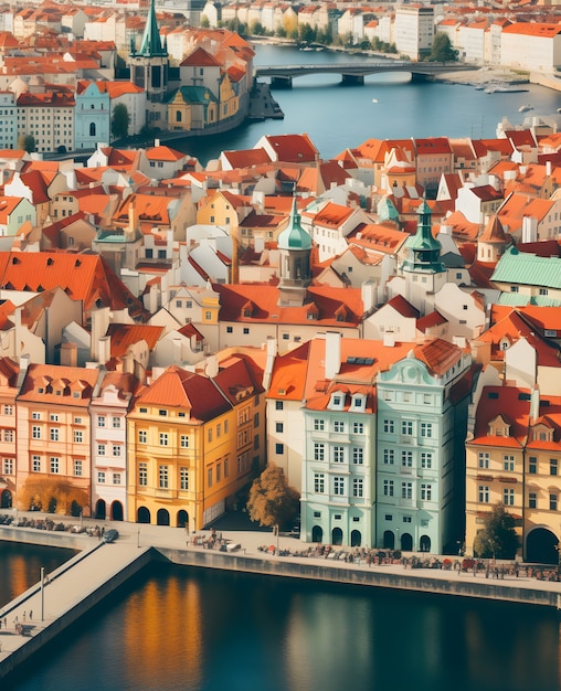 Aerial view on city by water