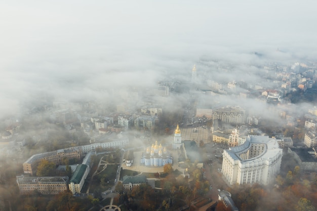 Aerial view of the city in the fog