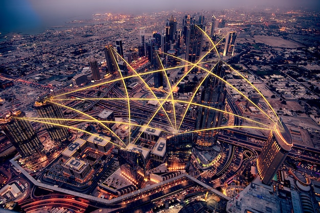 Aerial view of city at night. social media connection concept. photo manipulation.