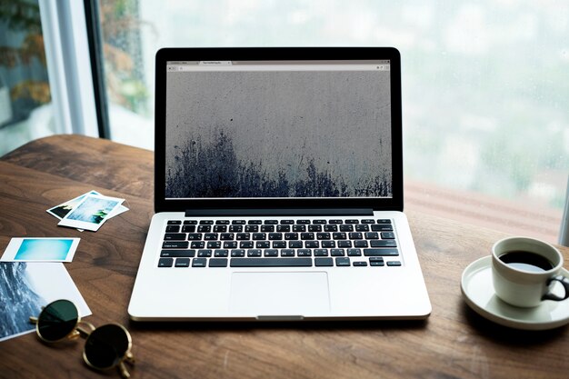 Aerial view of computer laptop on wooden table photography hobby concept