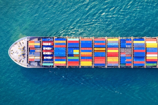 Aerial view of container cargo ship in sea.