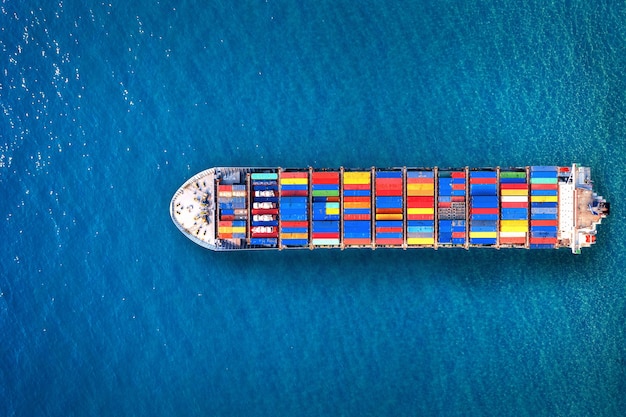 Aerial view of container cargo ship in sea.