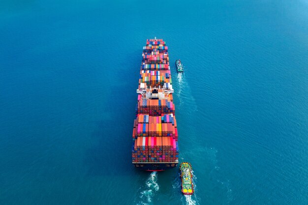 Aerial view of container cargo ship in sea.