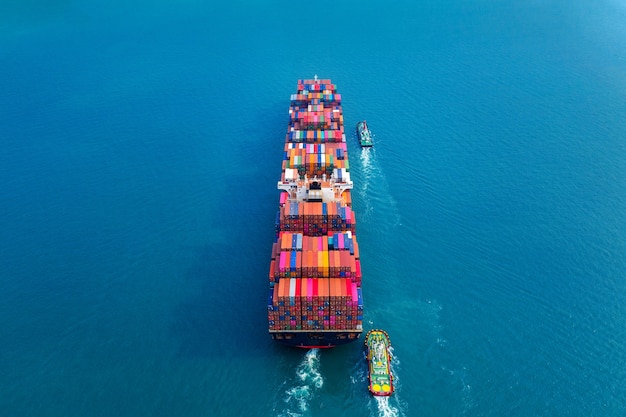 Aerial view of container cargo ship in sea.