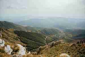 Free photo aerial view of a countryside road passing through the trees and mountains