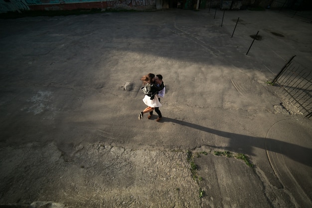 Aerial view of couple kissing