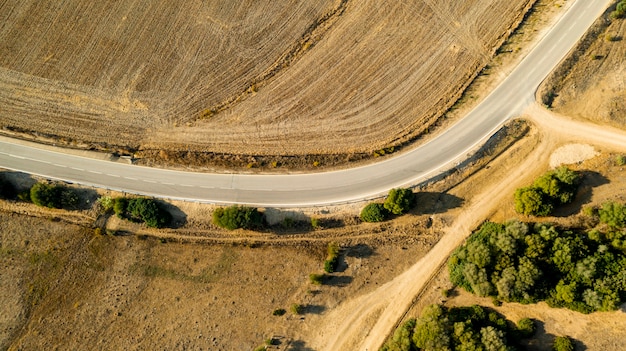 Aerial view of crooked path of road
