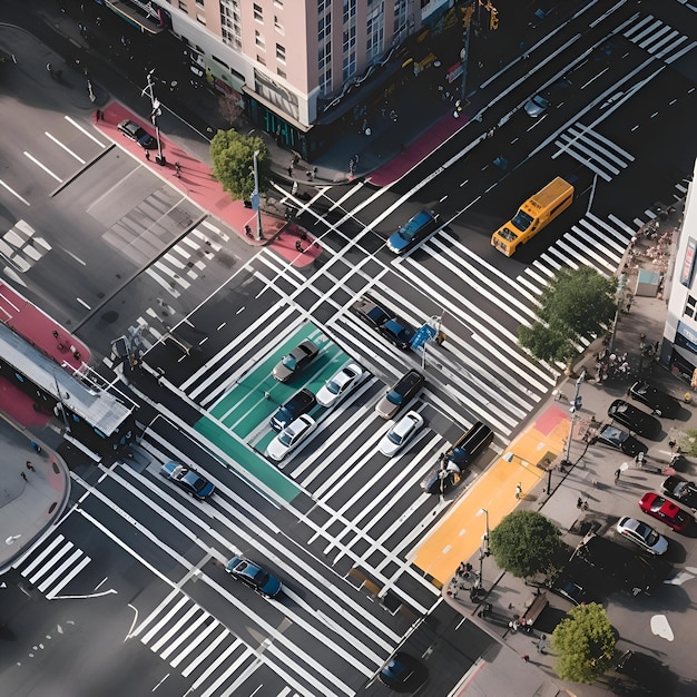 Aerial view of a crosswalk in a city with cars and pedestrians