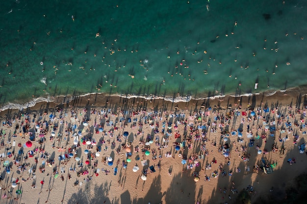 여름날 해변에 있는 사람들의 공중 보기
