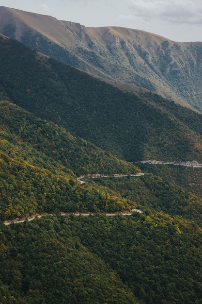 Vista aerea di una pericolosa strada di montagna che passa attraverso la foresta a vlasic, bosnia