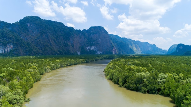 맹그로브 숲과 팡가 지방 태국에서 높은 산에서 아름다운 자연 경관 강 공중보기 드론 샷