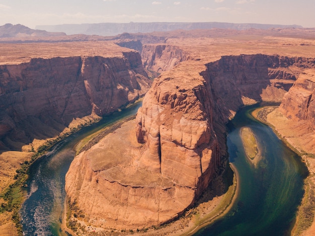 Aerial view of the famous Horseshoe bend from curve river in the southwest USA