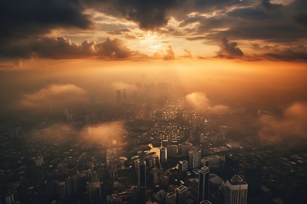 Aerial view on foggy city