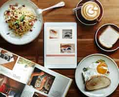 Free photo aerial view of food breakfast on wooden table