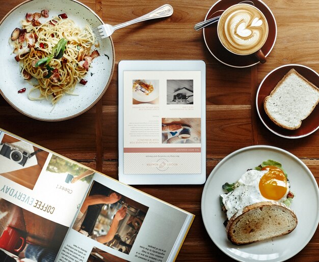 Aerial view of food breakfast on wooden table