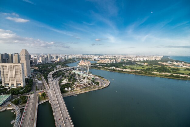 An aerial view of Gardens by the Bay in Singapore. Gardens by the Bay is a park spanning 101 hectares of reclaimed land