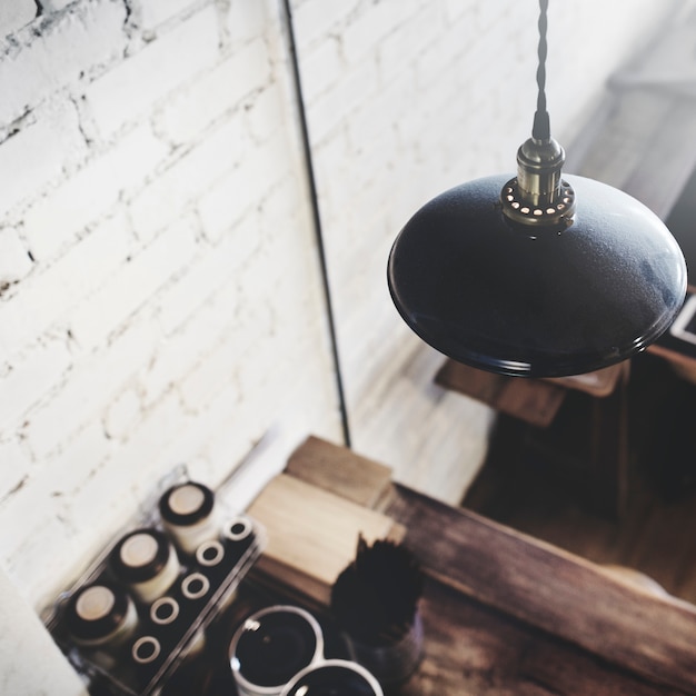 Aerial view of hanging dusty lamp in cafe