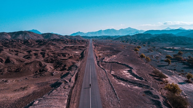 Aerial view of a highway in the hills in UAE