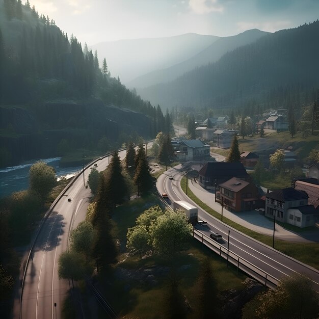 Aerial view of the highway in the mountains at sunset Carpathians Ukraine