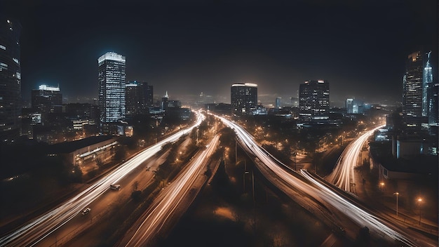 Free photo aerial view of a highway at night with fast moving cars