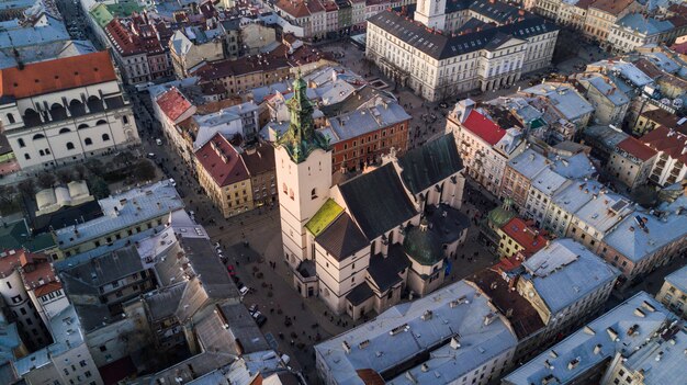 Aerial view of the historical center of Lviv, Ukraine.