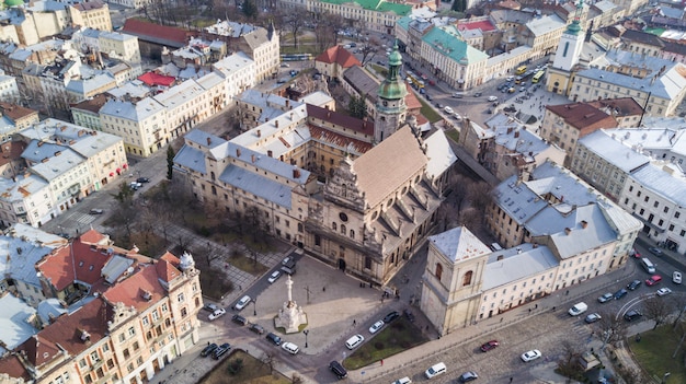 Aerial view of the historical center of Lviv, Ukraine.